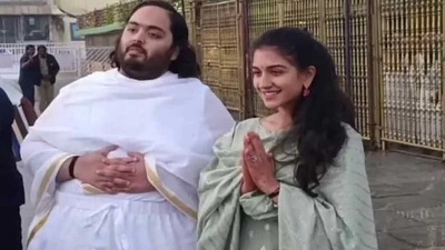 Anant Ambani, fiancé Radhika Merchant offer prayers at Tirumala temple. (Twitter) Anant Ambani, fiancé Radhika Merchant offer prayers at Tirumala temple. (Twitter)