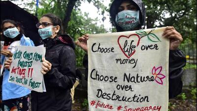 Mumbai, India - Sept. 15, 2019:People protest for making metro car shed inside Aarey colony in Mumbai, India, on Sunday, September 15, 2019. (Photo by Satyabrata Tripathy/Hindustan Times) (Satyabrata Tripathy/HT Photo) Mumbai, India - Sept. 15, 2019:People protest for making metro car shed inside Aarey colony in Mumbai, India, on Sunday, September 15, 2019. (Photo by Satyabrata Tripathy/Hindustan Times) (Satyabrata Tripathy/HT Photo)