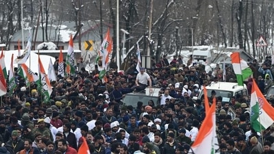 Rahul Gandhi and Omar Abdullah at the Congress's Bharat Jodo Yatra in Kashmir Valley. (HT Photo/ Waseem Andrabi)