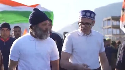 Omar Abdullah joined Congress MP Rahul Gandhi to march in the closing stages of the 'Bharat Jodo Yatra' in Jammu and Kashmir. (Twitter) Omar Abdullah joined Congress MP Rahul Gandhi to march in the closing stages of the 'Bharat Jodo Yatra' in Jammu and Kashmir. (Twitter)