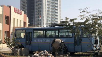 The CRPF bus that ran over a motorcyclist in Sector 61 on Thursday. (Parveen Kumar/ HT) The CRPF bus that ran over a motorcyclist in Sector 61 on Thursday. (Parveen Kumar/ HT)