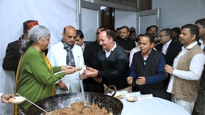Union finance minister Nirmala Sitharaman distributes halwa to the members of Budget Press during the halwa ceremony ahead of the lock in process of the Budget preparation, in New Delhi on Thursday. (ANI File)) Union finance minister Nirmala Sitharaman distributes halwa to the members of Budget Press during the halwa ceremony ahead of the lock in process of the Budget preparation, in New Delhi on Thursday. (ANI File))