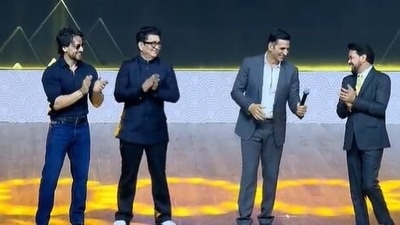 Anurag Thakur at the stage of Shanghai Cooperation Organization film festival on Friday with Tiger Shroff, Sajid Nadiawala and Akshay Kumar.