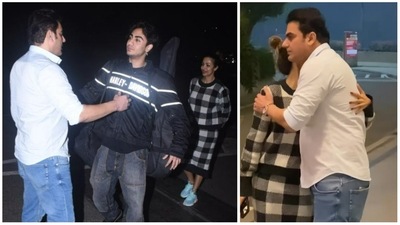 Arbaaz Khan and Malaika Arora shared a hug after seeing off Arhaan Khan. Arbaaz Khan and Malaika Arora shared a hug after seeing off Arhaan Khan.