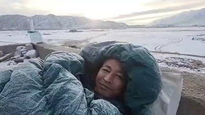 Sonam Wangchuk on a five-day climate fast to “save Ladakh” on the rooftop of HIAL in Phyang on Thursday. Sonam Wangchuk on a five-day climate fast to “save Ladakh” on the rooftop of HIAL in Phyang on Thursday.