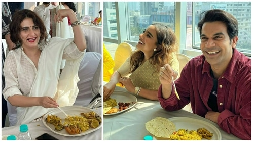 Fatima Sana Shaikh, Patralekhaa and Rajkummar Rao at the puja. Fatima Sana Shaikh, Patralekhaa and Rajkummar Rao at the puja.