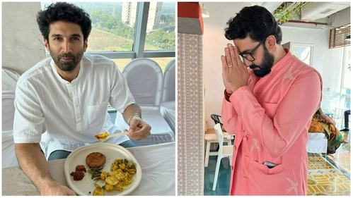 Aditya Roy Kapur and Abhishek Bachchan at the puja. Aditya Roy Kapur and Abhishek Bachchan at the puja.