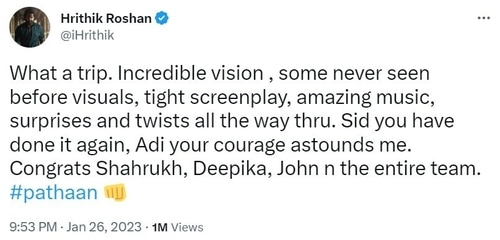 Hrithik Roshan tweeted about Pathaan on Thursday. Hrithik Roshan tweeted about Pathaan on Thursday.