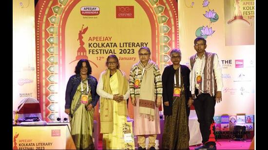 Dalit women writers of Bengal, Kalyani Thakur Charal, Manju Bala, Kanan Boral and Lily Haldar discuss their work with moderator Sayantan Dasgupta. (Courtesy AKLF) Dalit women writers of Bengal, Kalyani Thakur Charal, Manju Bala, Kanan Boral and Lily Haldar discuss their work with moderator Sayantan Dasgupta. (Courtesy AKLF)