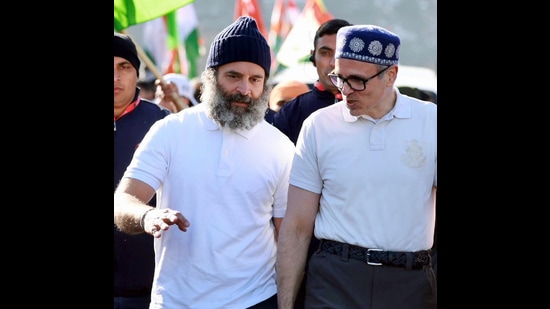 Congress leader Rahul Gandhi with National Conference leader Omar Abdullah during the Bharat Jodo Yatra, at Banihal in Ramban on Friday. (ANI)