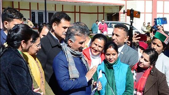 Himachal Pradesh chief minister Sukhvinder Singh Sukhu during a meeting with a delegation of ASHAs’ union in Shimla on Friday. (ANI)