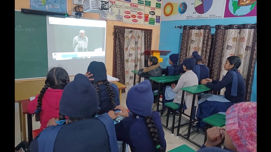 Pariksha Pe Charcha being telecasted for students at a government schools in Ludhiana on Friday. (HT Photo)