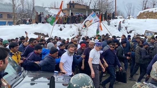 Rahul Gandhi and Omar Abdullah during the Bharat Jodo Yatra. (HT photo/ Waseem Andrabi) 