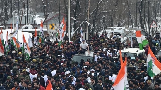 Rahul Gandhi and Omar Abdullah at the Congress's Bharat Jodo Yatra in Kashmir Valley. (HT Photo/ Waseem Andrabi) 