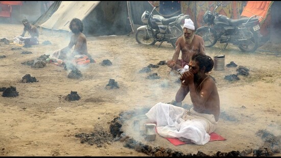 Sadhus performing Dhuni Puja at Magh Mela in Prayagraj on Thursday. (Anil Kumar Maurya/HT)