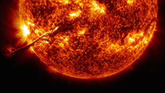 Solar material likely a few million km long erupts into space. (NASA / GSFC / SDO)