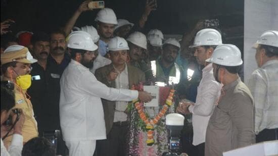 Thane, India - January 27, 2023: Chief Minister Eknath Shinde inaugurates the left side tunnel blasting of Airoli-Katai Naka Tunnel, that bridges the distance between Kalyan-Dombivli and Navi Mumbai, in Thane, India, on Friday, January 27, 2023. (Praful Gangurde/HT Photo) (HT PHOTO)