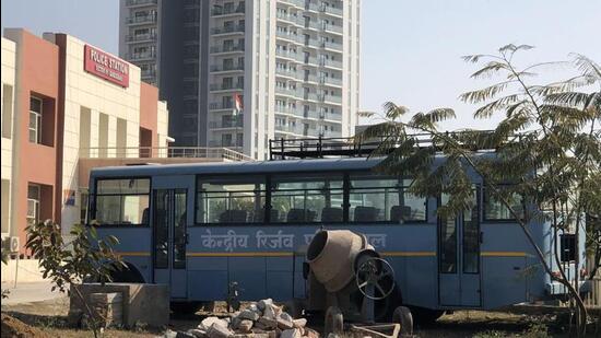 The CRPF bus that ran over a motorcyclist in Sector 61 on Thursday. (Parveen Kumar/ HT)