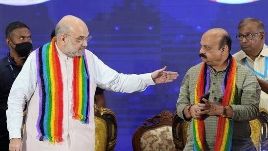 Union home minister Amit Shah with Karnataka chief minister Basavaraj Bommai. (PTI)