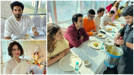 Aditya Roy Kapur, Fatima Sana Shaikh, Patralekhaa, Rajkummar Rao and Kartik Aaryan attended Saraswati Puja hosted by Anurag Basu on Thursday. 