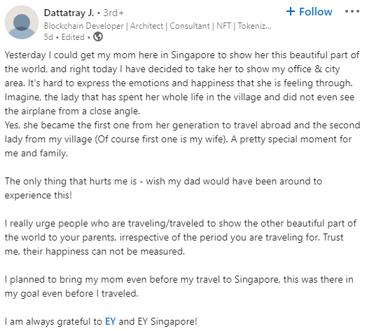 Dattatray J shares about his mother on LinkedIn.(LinkedIn/@Dattatray J)