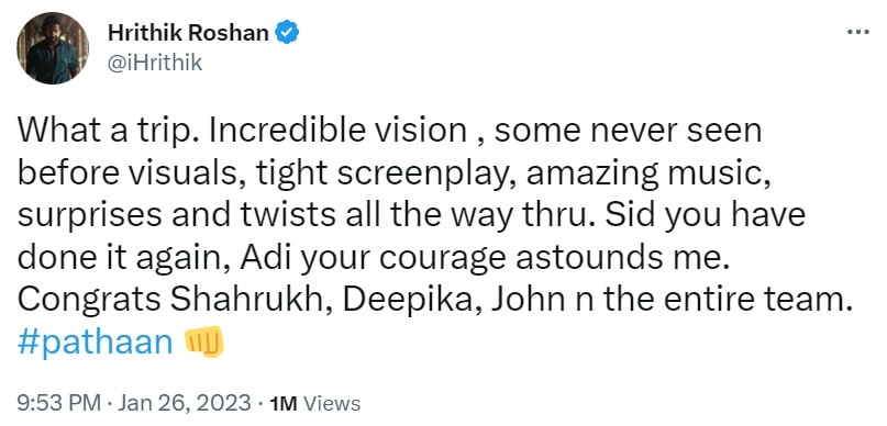 Hrithik Roshan tweeted about Pathaan on Thursday.