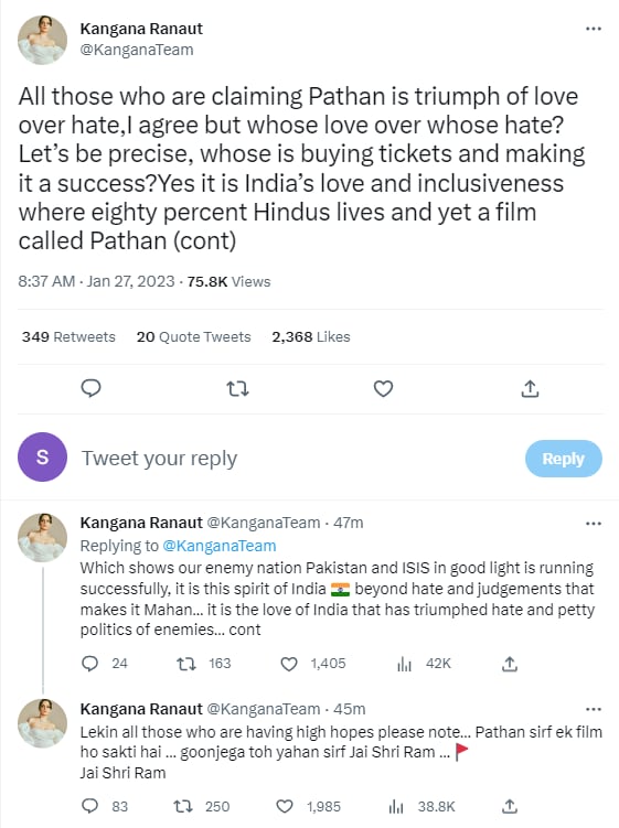 Kangana Ranaut tweeted about Pathaan.