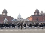 Rehearsal of Beating the Retreat Ceremony 2023 parade at Vijay Chowk, in Delhi, January 18.