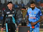 India's and New Zealand's captains Hardik Pandya and Mitchell Santner with the trophy before the start of the 1st T20 cricket match between India and New Zealand, at JSCA International Stadium in Ranchi, Friday, Jan. 27, 2023. (PTI) India's and New Zealand's captains Hardik Pandya and Mitchell Santner with the trophy before the start of the 1st T20 cricket match between India and New Zealand, at JSCA International Stadium in Ranchi, Friday, Jan. 27, 2023. (PTI)