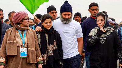 PDP leader Mehbooba Mufti, her daughter Iltija and mother joined Rahul Gandhi’s Bharat Jodo Yatra near Chersoo Awantipora in south Kashmir on Saturday. (PTI) PDP leader Mehbooba Mufti, her daughter Iltija and mother joined Rahul Gandhi’s Bharat Jodo Yatra near Chersoo Awantipora in south Kashmir on Saturday. (PTI)
