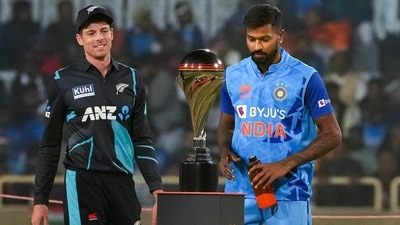 India's and New Zealand's captains Hardik Pandya and Mitchell Santner with the trophy before the start of the 1st T20 cricket match between India and New Zealand, at JSCA International Stadium in Ranchi, Friday, Jan. 27, 2023. (PTI) India's and New Zealand's captains Hardik Pandya and Mitchell Santner with the trophy before the start of the 1st T20 cricket match between India and New Zealand, at JSCA International Stadium in Ranchi, Friday, Jan. 27, 2023. (PTI)