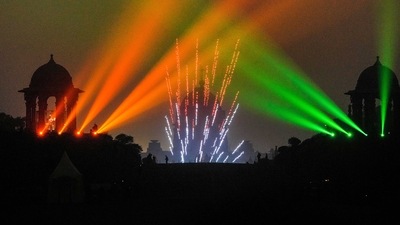 Drone show during full dress rehearsal for the Beating Retreat ceremony, in New Delhi. (PTI) Drone show during full dress rehearsal for the Beating Retreat ceremony, in New Delhi. (PTI)