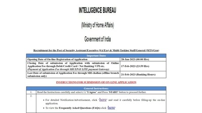 IB recruitment 2023: Application begins for MTS, SA/EXE posts IB recruitment 2023: Application begins for MTS, SA/EXE posts