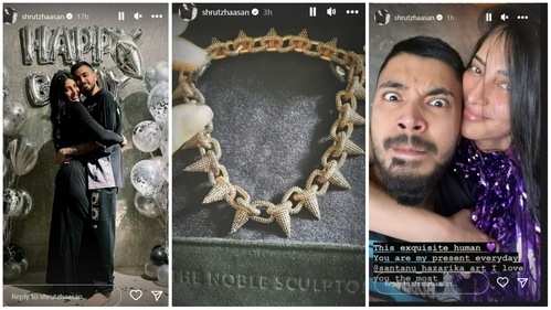 Shruti Haasan shared a glimpse of Santanu Hazarika's gift her her on Instagram Stories. Shruti Haasan shared a glimpse of Santanu Hazarika's gift her her on Instagram Stories.