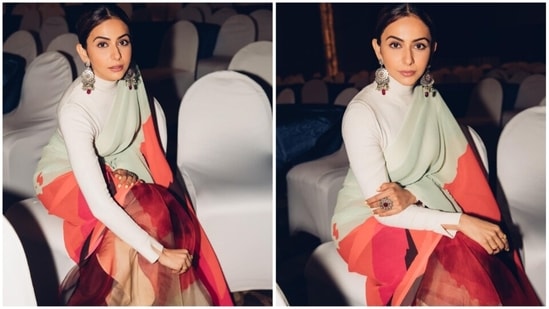 Rakul Preet has lately been all over the news for all the good reasons. The actor is also basking on the success of her latest release Chhatriwali. Her wardrobe choices have been another reason for the actor to make headlines. Her latest Instagram post in a printed saree is here to back our claim. (Instagram/@rakulpreet)