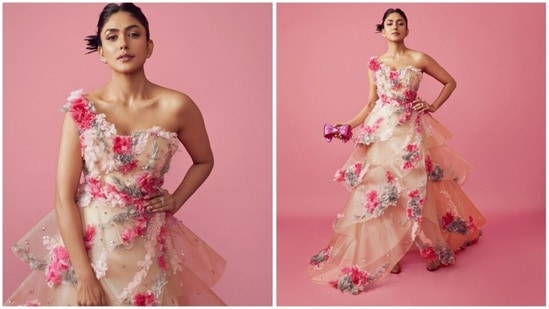 Mrunal Thakur recently grabbed eyeballs at an award show as she graced the red-carpet in a stunning pink gown featuring 3-D floral elements. (Instagram/@mrunalthakur)