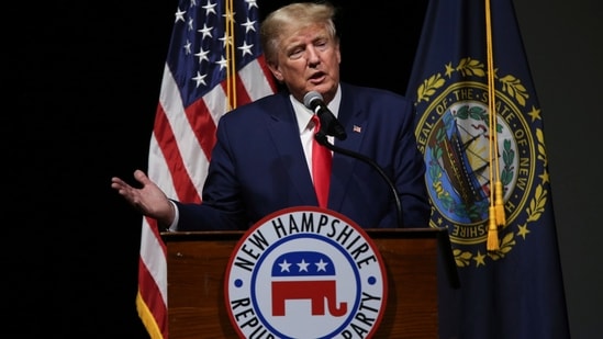 Former President Donald Trump speaks during the New Hampshire Republican State Committee 2023 annual meeting, Saturday, Jan. 28, 2023, in Salem, N.H. (AP Photo/Reba Saldanha)(AP)