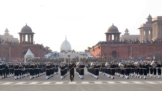 Rehearsal of Beating the Retreat Ceremony 2023 parade at Vijay Chowk, in Delhi, January 18.(PTI)