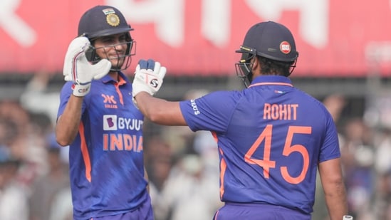 Indore: Indian captain Rohit Sharma being congratulated by teammate Shubman Gill after his century during the third ODI cricket match between India and New Zealand, in Indore, Tuesday, Jan. 24, 2023. (PTI Photo/Shashank Parade)(PTI01_24_2023_000171B)(PTI)