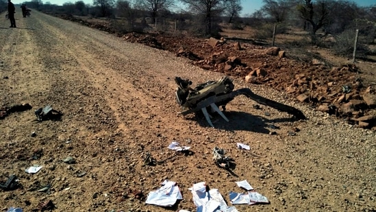 The wreckage IAF fighter planes which crashed during an exercise, at Pagadgarh in Madhya Pradesh's Morena district, Saturday.(PTI)
