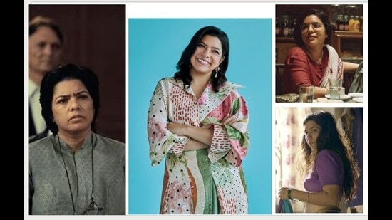 Rajshri Deshpande as herself (centre) and, clockwise from left, in Trial by Fire, Manto and Sacred Games.