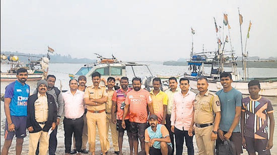 They tried removing the seawater from the boat by using a cut mineral water bottle but when they didn’t succeed, they called for help,” said Bhimsen Gaikwad, assistant police inspector of Kelwe coastal police. (HT Photo)