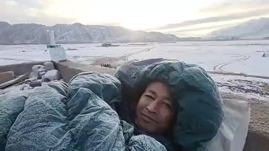Sonam Wangchuk on a five-day climate fast to “save Ladakh” on the rooftop of HIAL in Phyang on Thursday.