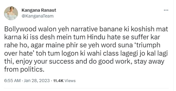 Kangana Ranaut has shared yet another tweet about Pathaan.