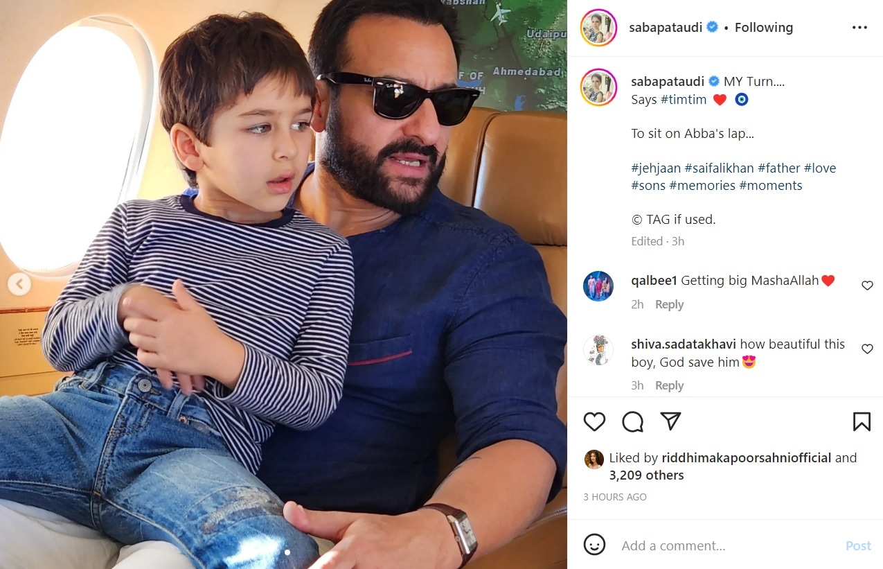 Saba Ali Khan posted a picture of Saif Ali Khan and Taimur on Instagram.