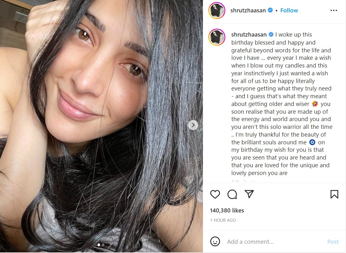 Shruti Haasan's note on her birthday. Shruti Haasan's note on her birthday.