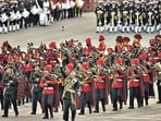 Indian Armed Force bands perform at the Beating Retreat ceremony.