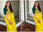 Aditi Rao Hydari lets her personality shine through her clothing. She believes in sustainable fashion and supports labels promoting Indian artisans. For a recent event she donned a yellow organze silk saree from the shelves of the clothing house Raw Mango.(Instagram/@aditiraohydari)