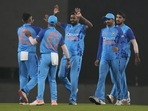 India's captain Hardik Pandya, center, celebrates wicket of New Zealand's Finn Allen with his teammates during the first Twenty20 cricket match between between India and New Zealand in Ranchi, India, Friday, Jan. 27, 2023. (AP Photo/Bikas Das)(AP) India's captain Hardik Pandya, center, celebrates wicket of New Zealand's Finn Allen with his teammates during the first Twenty20 cricket match between between India and New Zealand in Ranchi, India, Friday, Jan. 27, 2023. (AP Photo/Bikas Das)(AP)