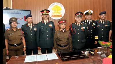 AU VC Prof Sangita Srivastava (fourth from right) sporting rank of NCC Colonel after the pipping ceremony along with other senior NCC officers. (HT PHOTO)